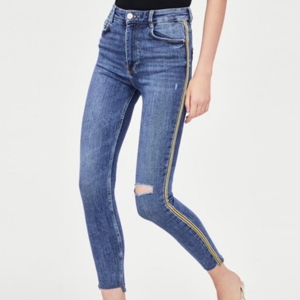 Zara TRF Side Stripe Skinny Jeans Size 10 Stretch Denim Raw Hem